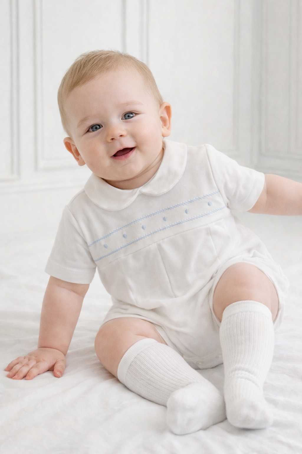 Baby Boys White & Blue Romper Suit