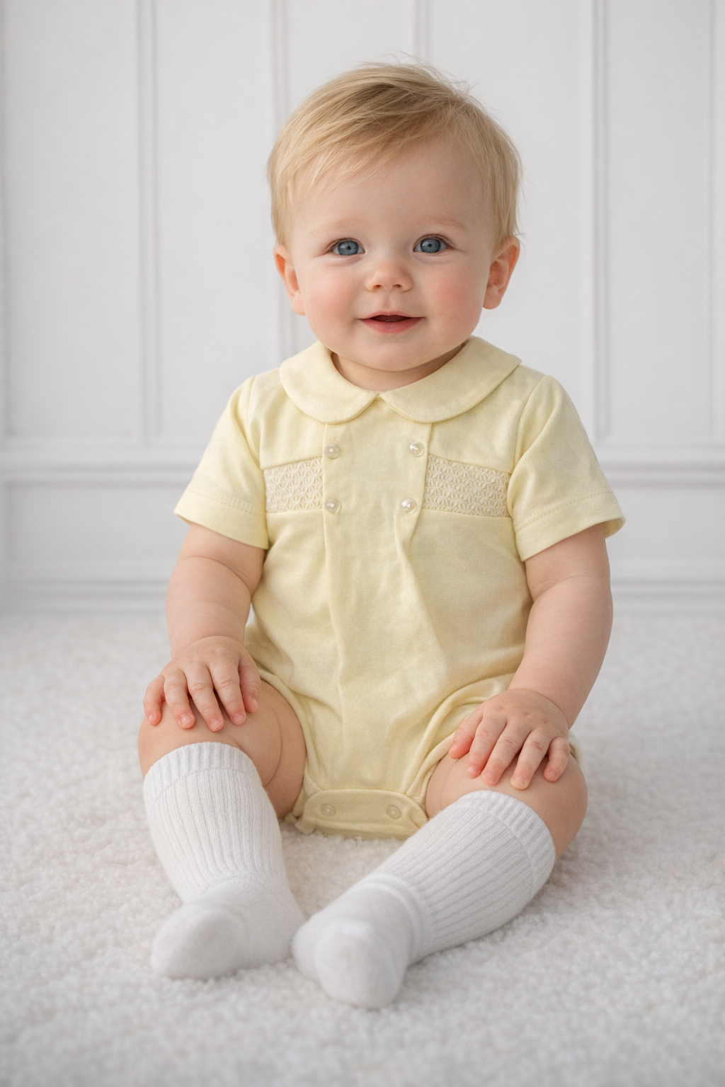 Unisex Baby Smocked Button Lemon Romper Suit