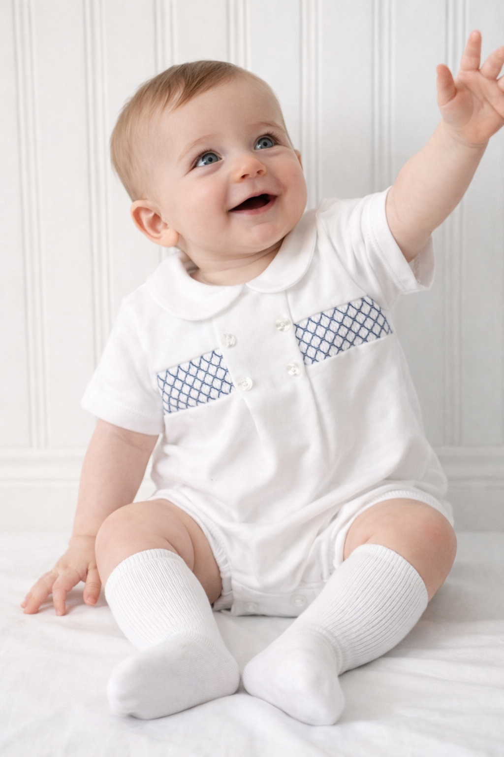 Baby Boys White/Navy Button Smock Romper Suit