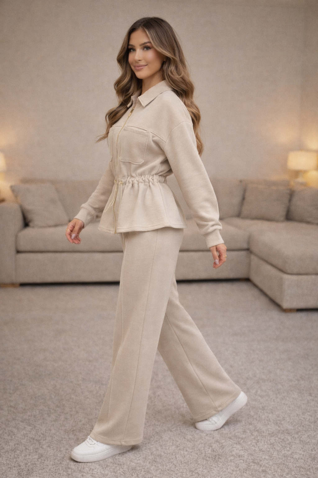 Melissa Ladies Pull In Co-ord Tracksuit Set Beige