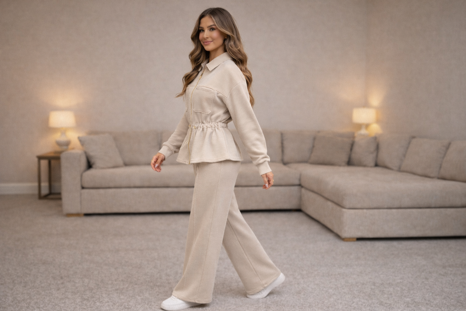Melissa Ladies Pull In Co-ord Tracksuit Set Beige