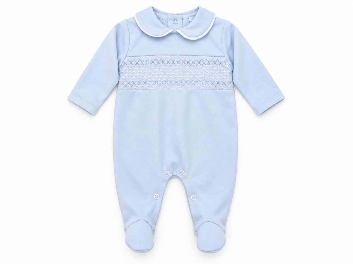 SG68C Baby Boys Cotton Peter Pan Collar Smocking Babygrow Blue