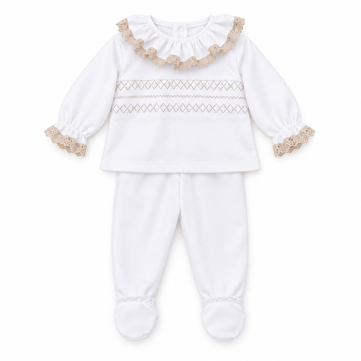 SG153C Baby Girls Frilly Lace Collar 2 Piece Baby Set White/Camel