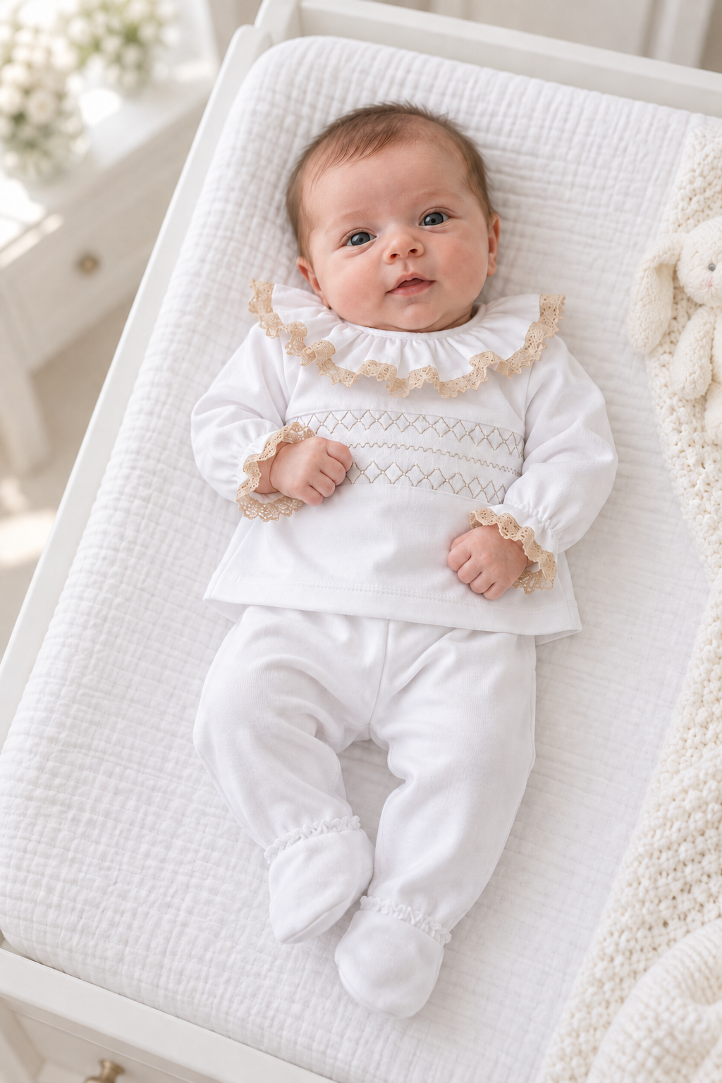 SG153C Baby Girls Frilly Lace Collar 2 Piece Baby Set White/Camel