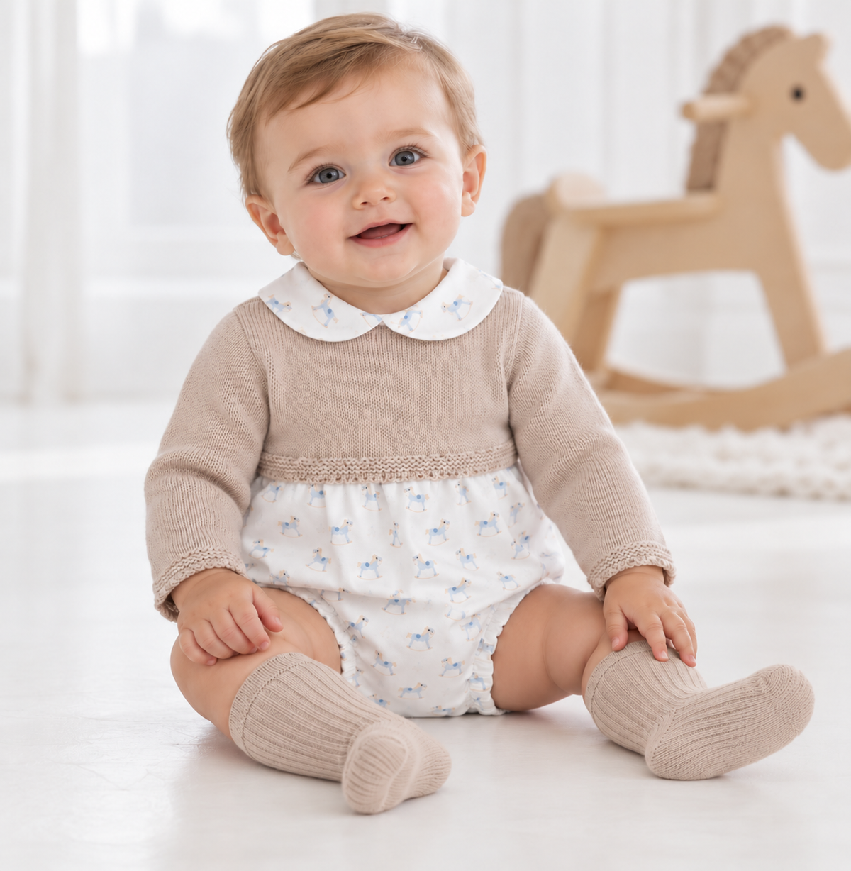 Rocking Horse Pex Knitted Peter Pan Collar Romper Beige