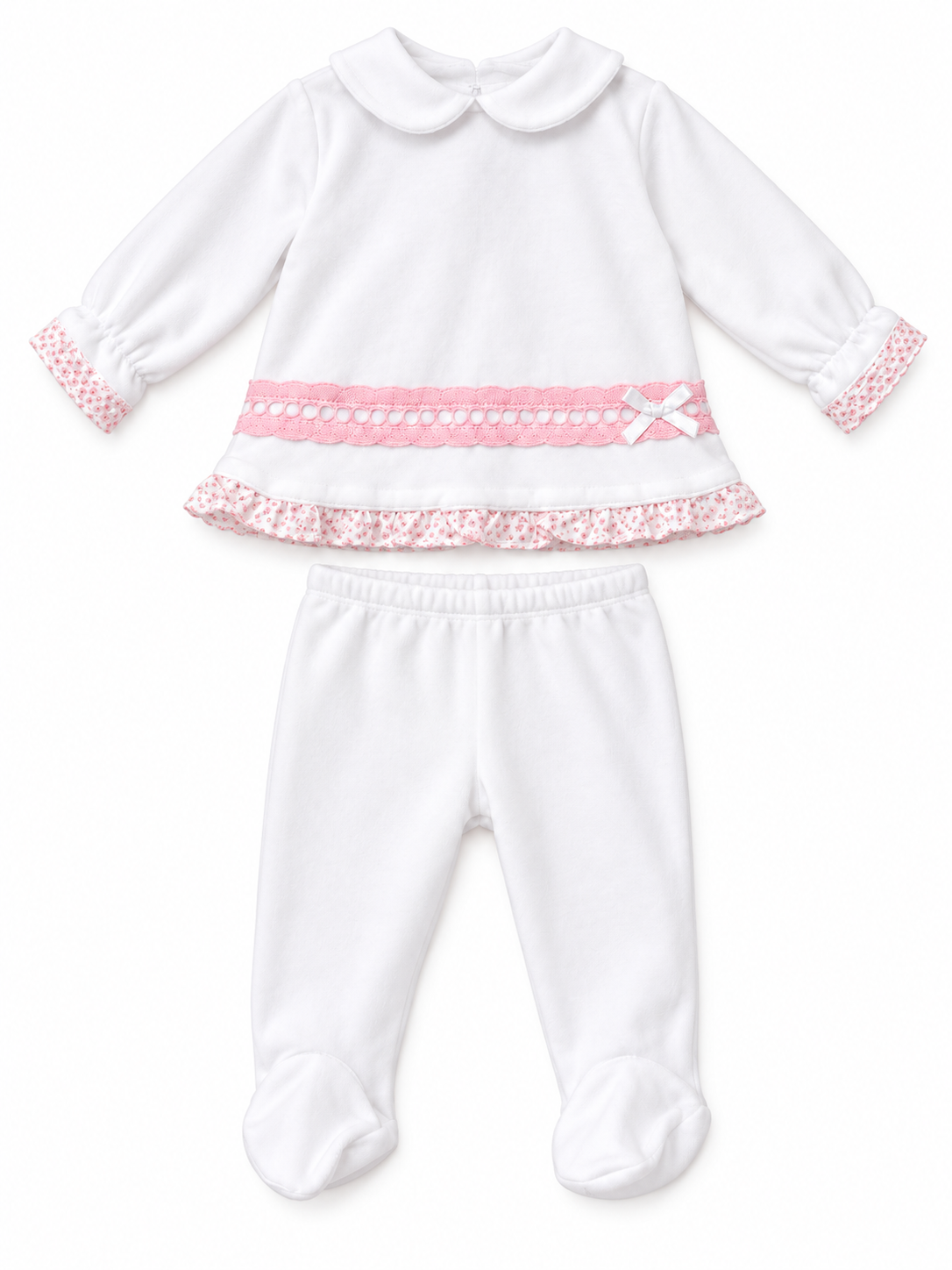 SG237V Baby Girls Lace Velour 2 Piece Babygrow Set White