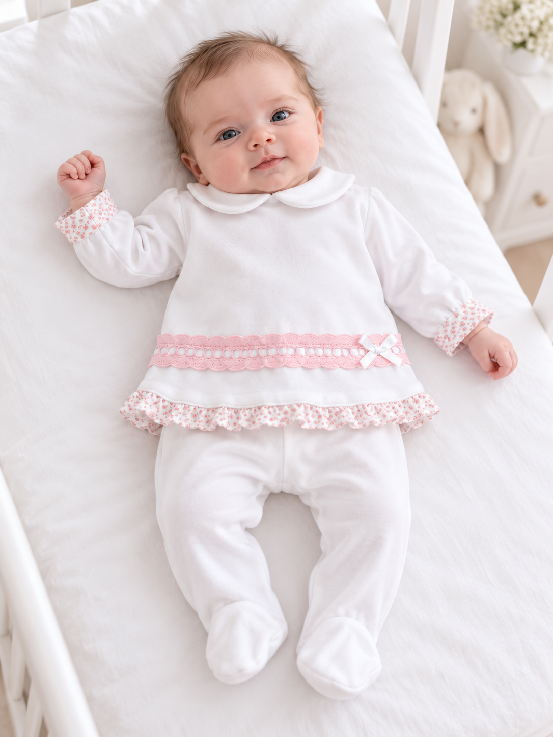 SG237V Baby Girls Lace Velour 2 Piece Babygrow Set White