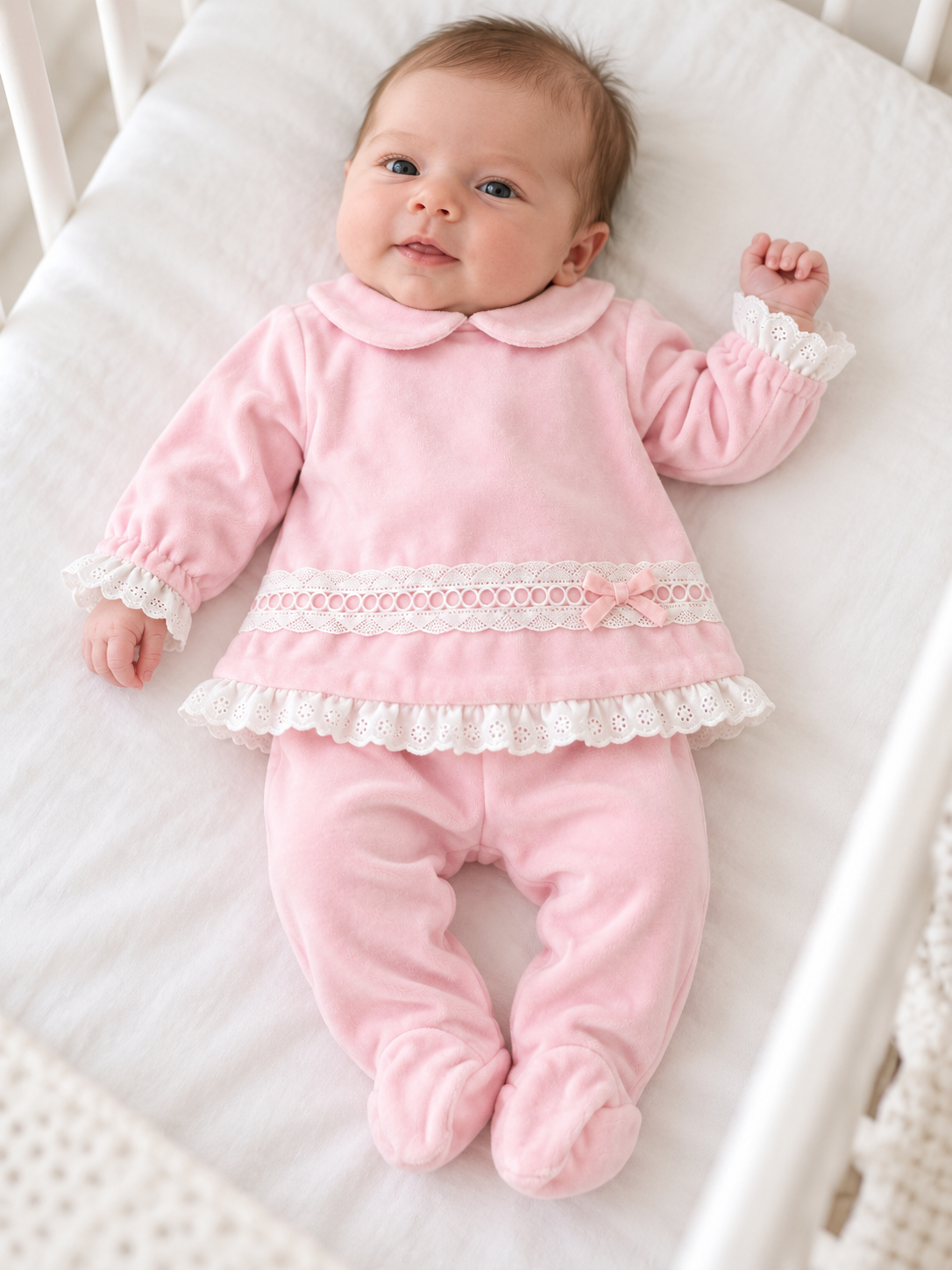 SG237V Baby Girls Lace Velour 2 Piece Babygrow set Pink