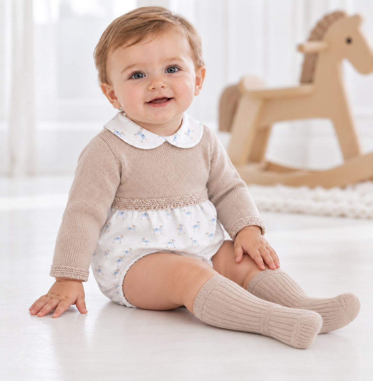 Rocking Horse Pex Knitted Peter Pan Collar Romper Beige