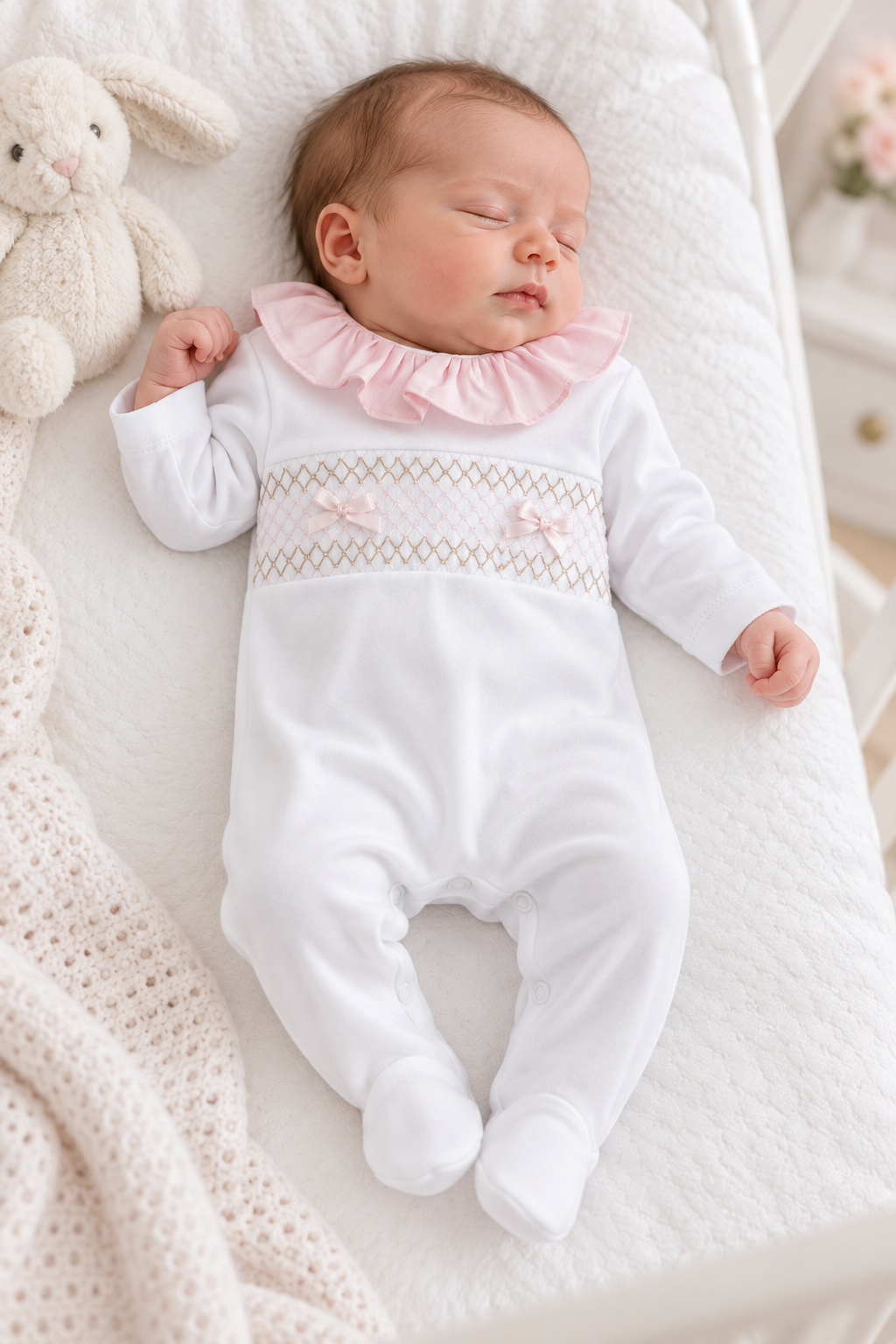 SG66C Baby Girls Frilly Smock Babygrow White