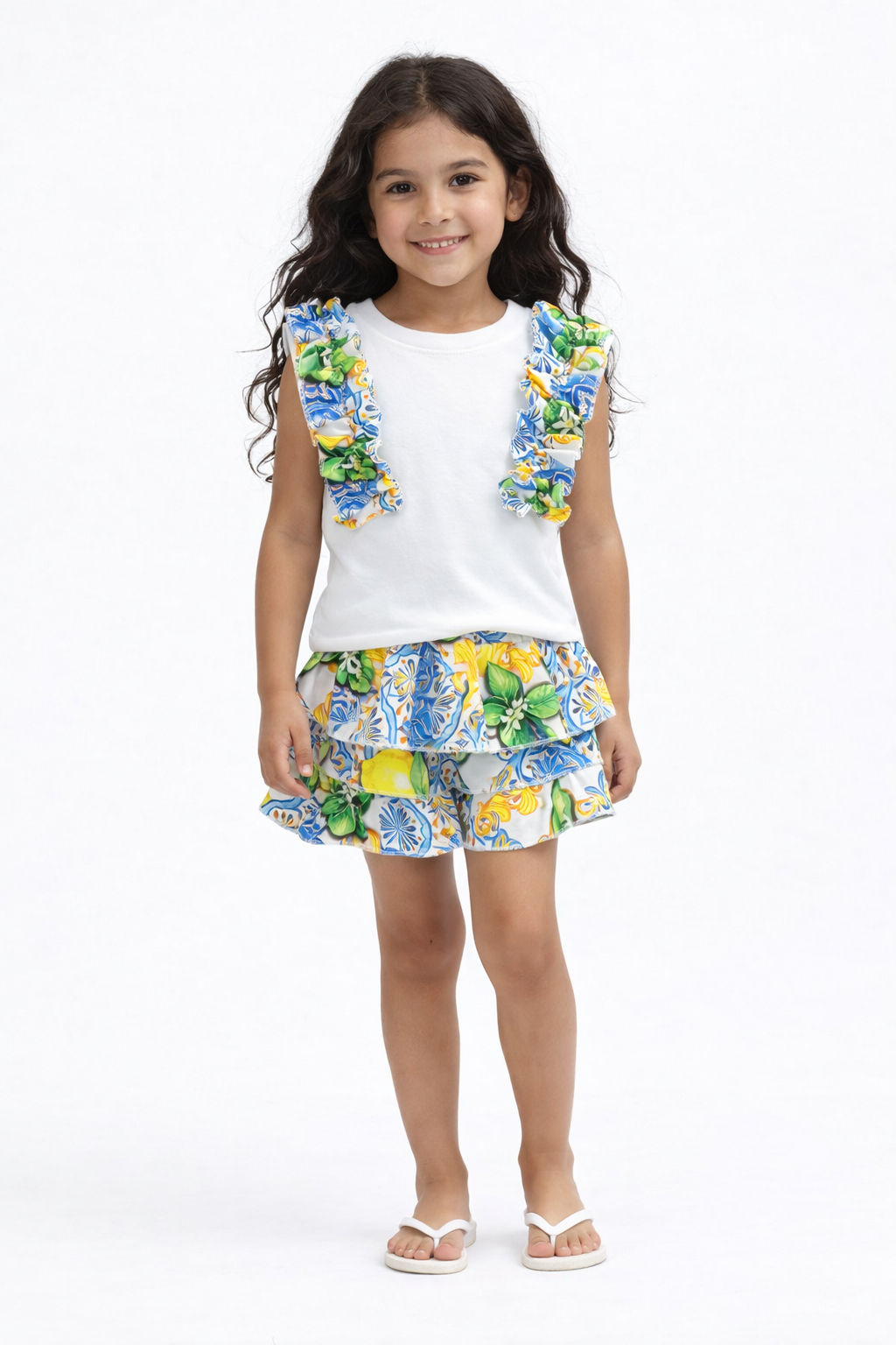 Girls Blue Lemon Print Shorts & Frilly Top Set