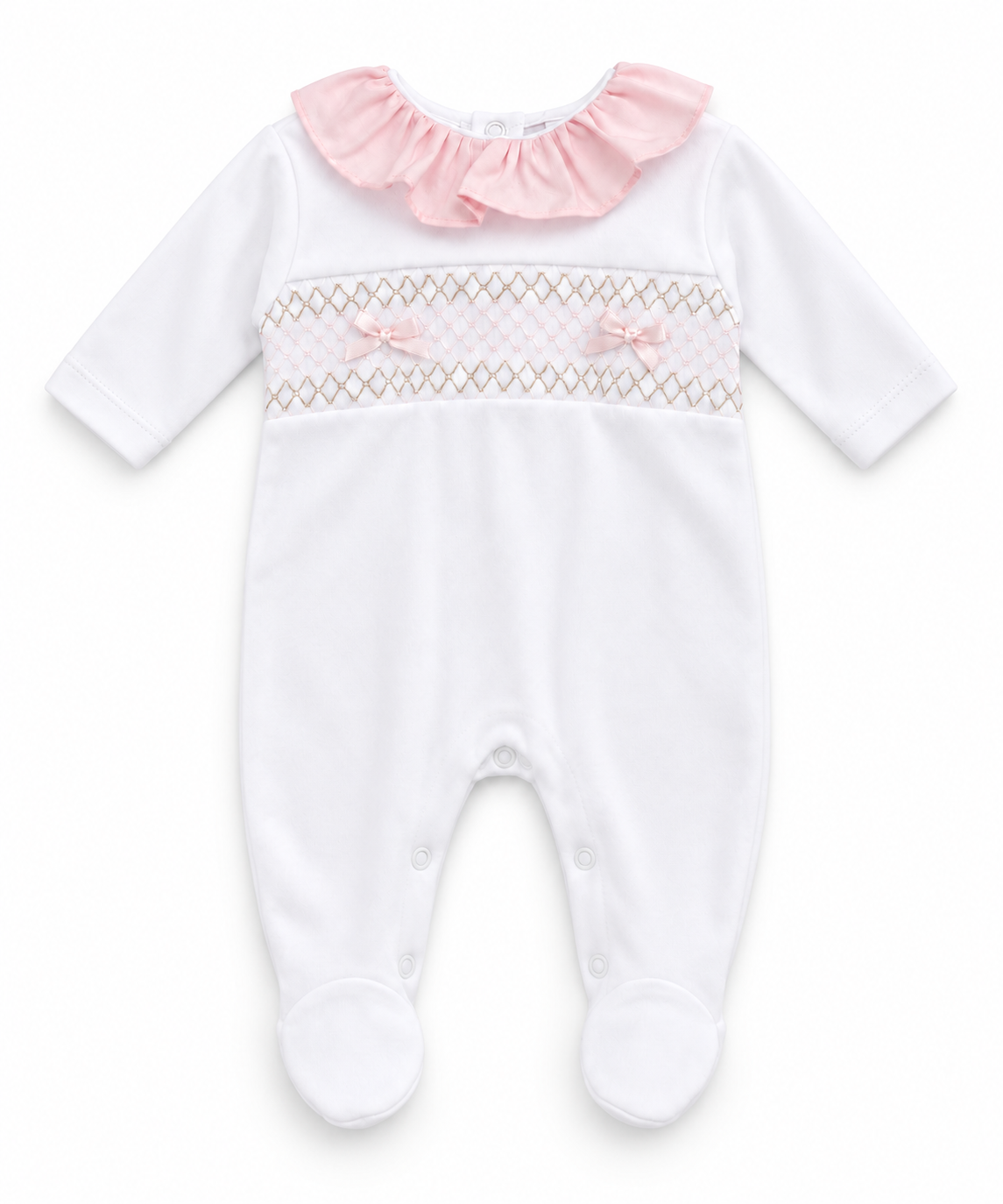 SG66C Baby Girls Frilly Smock Babygrow White