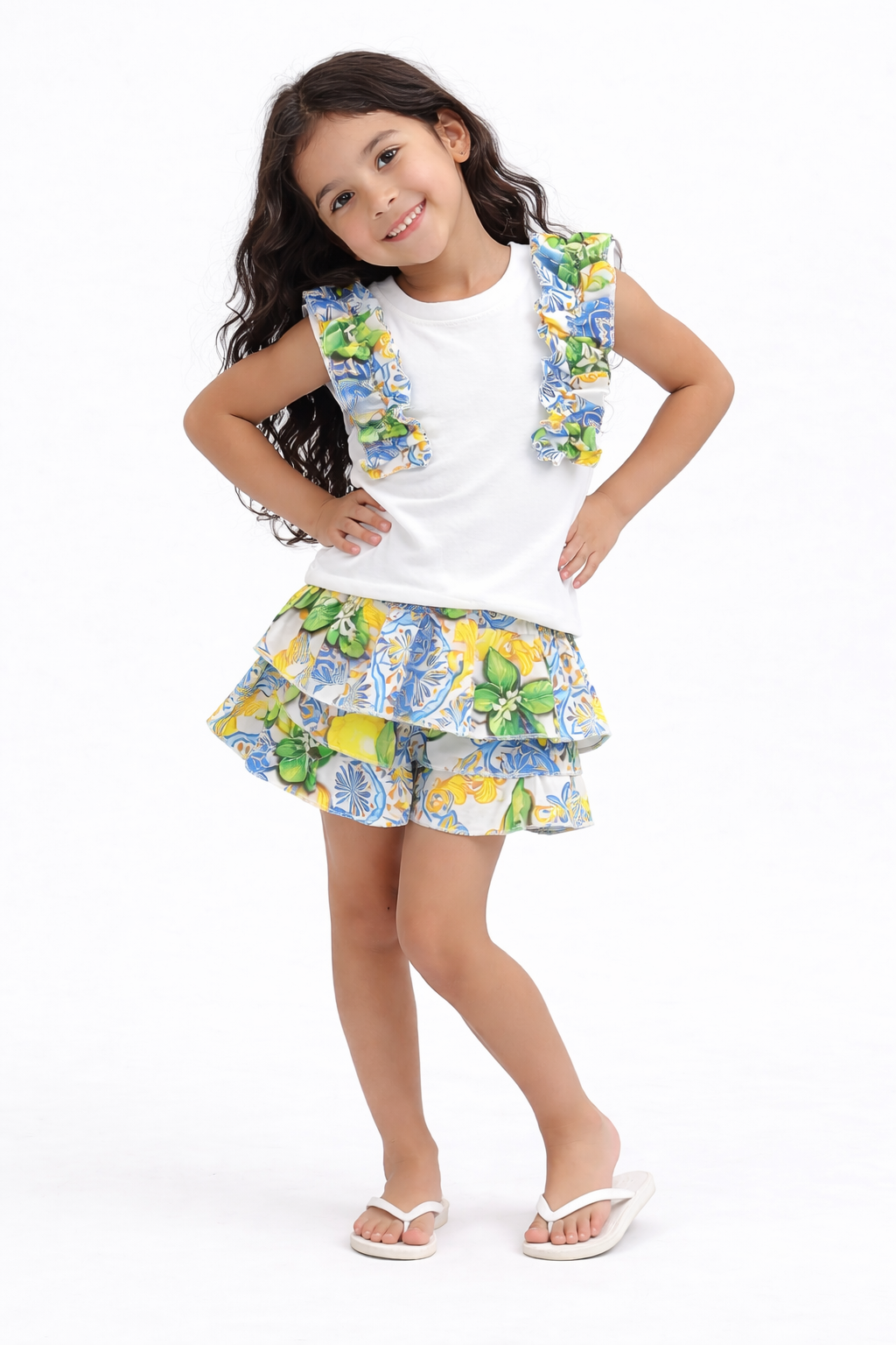 Girls Blue Lemon Print Shorts & Frilly Top Set