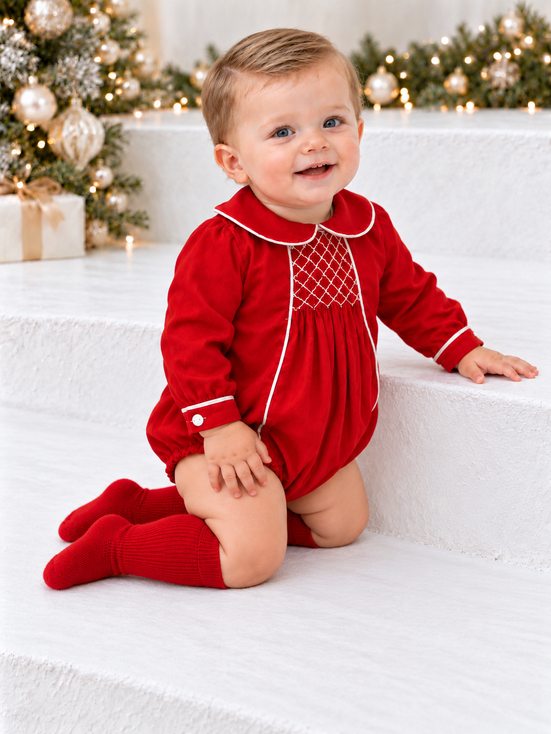 Noah Boys Smocked Romper Suit Red