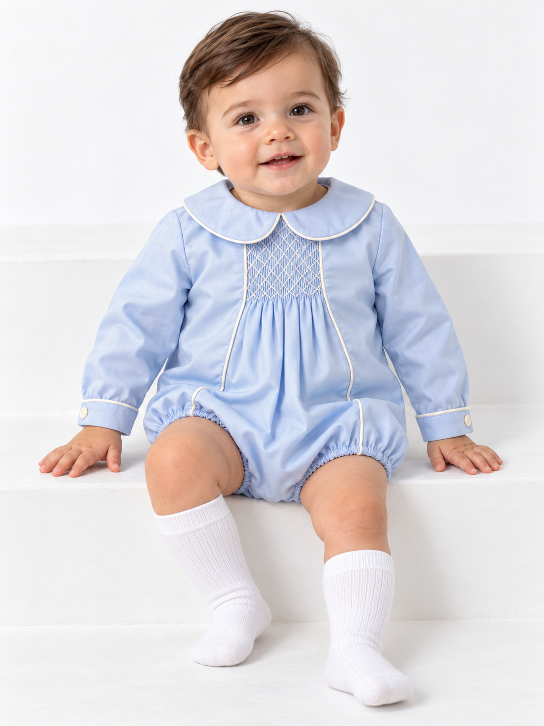 Noah Boys Smocked Romper Suit Blue