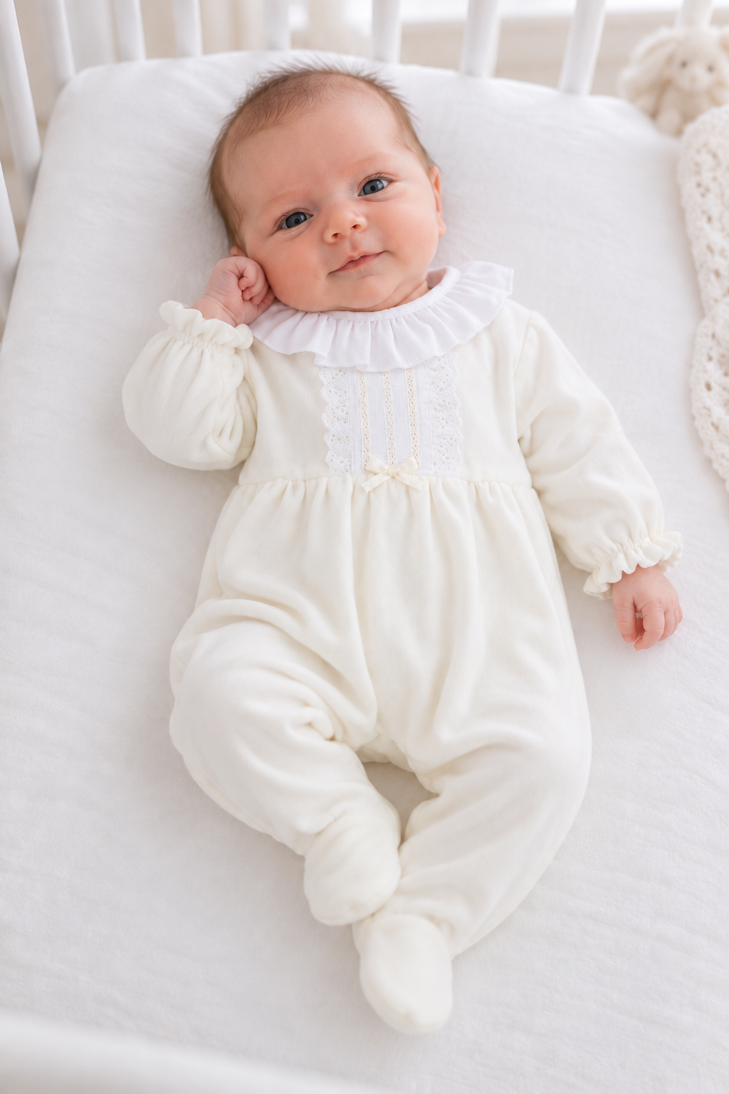 Hannah Ivory Velour Embroidered Babygrow Ivory