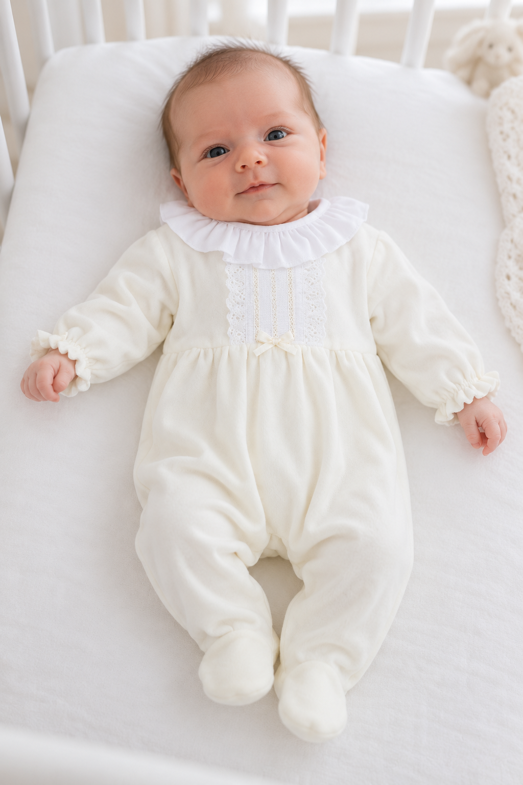 Hannah Ivory Velour Embroidered Babygrow Ivory