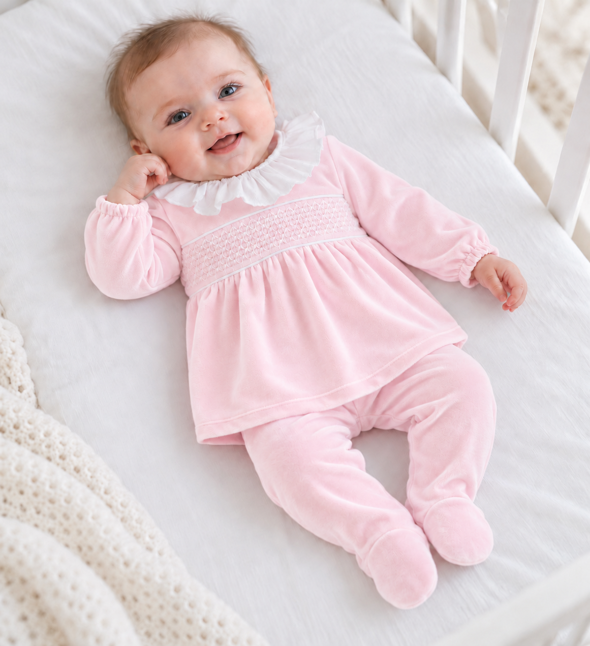 Evie 2 Piece Pex Pink Velour Frilly Smocked Babygrow Set