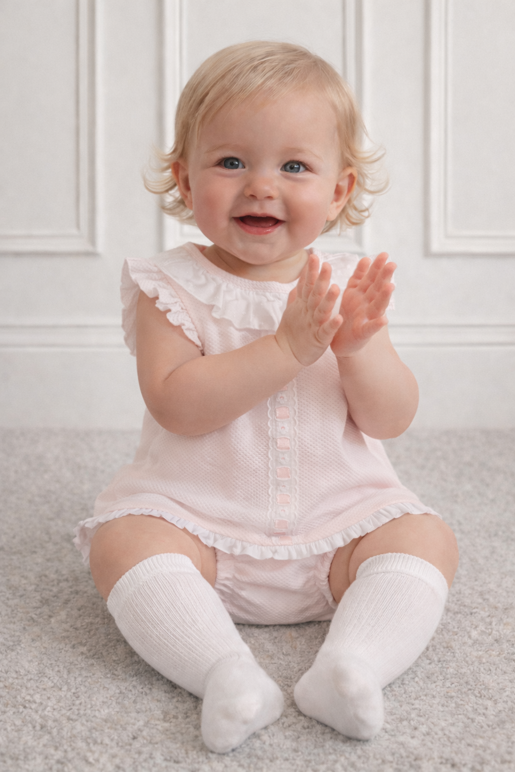 26101 Baby Girls Waffle Pink Ribbon Dress & Bloomers