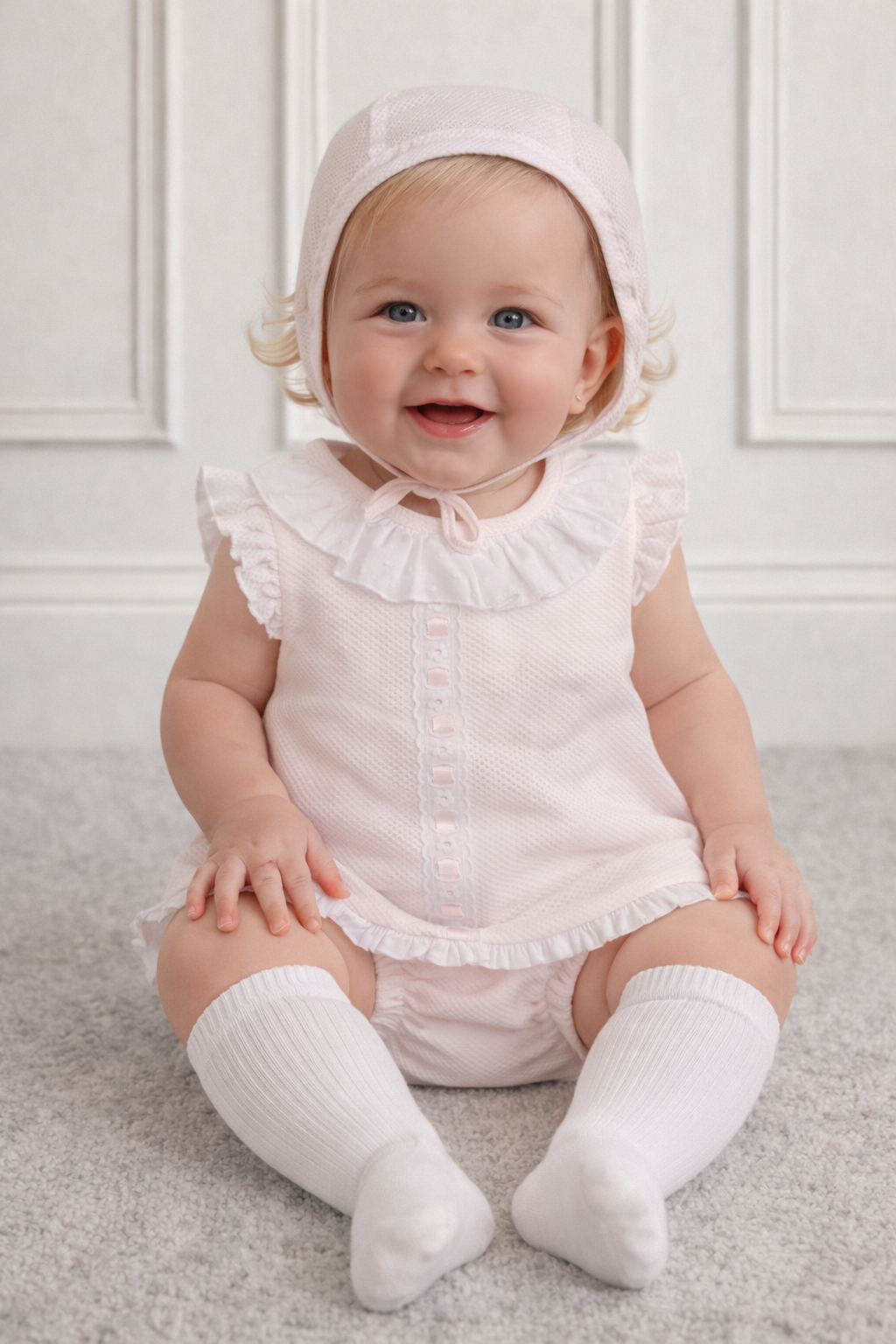 26101 Baby Girls Waffle Pink Ribbon Dress & Bloomers