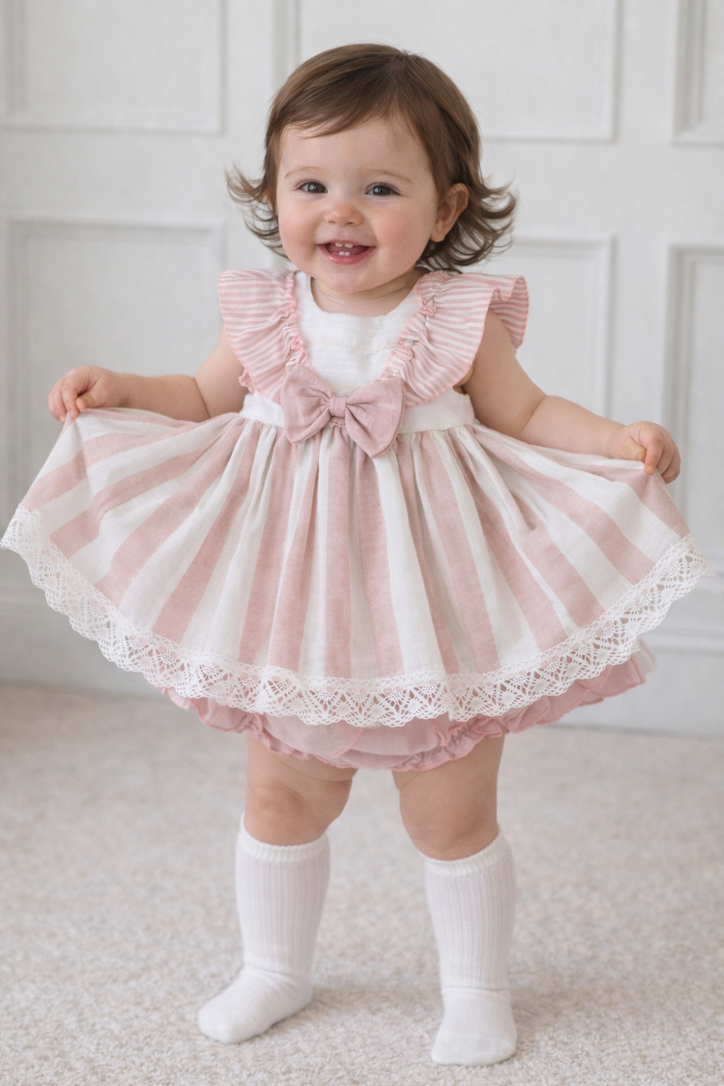 26118 Baby Girls Striped Beige/Pink Dress With Bloomers