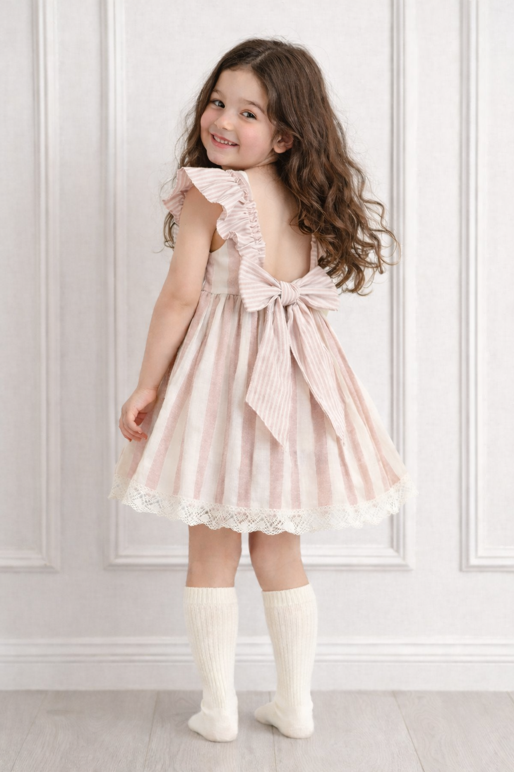 26545 Older Girls Pink & Beige Stripe Bow Dress