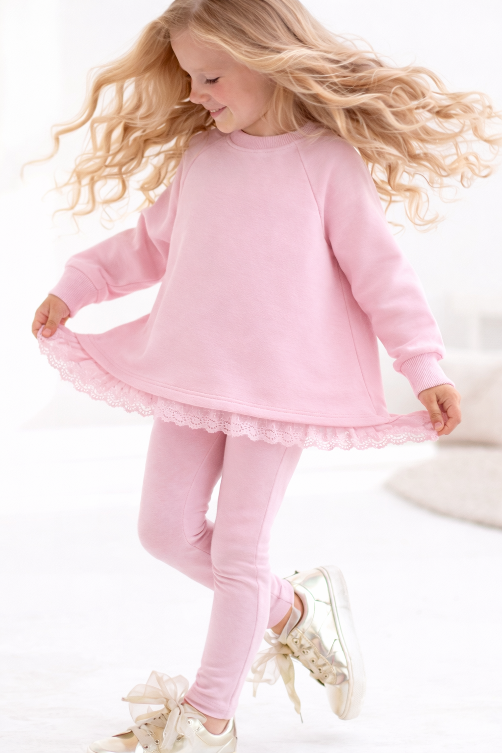 Myla Luxe Girls Oversize Lace Jumper & Legging Tracksuit Set Pink