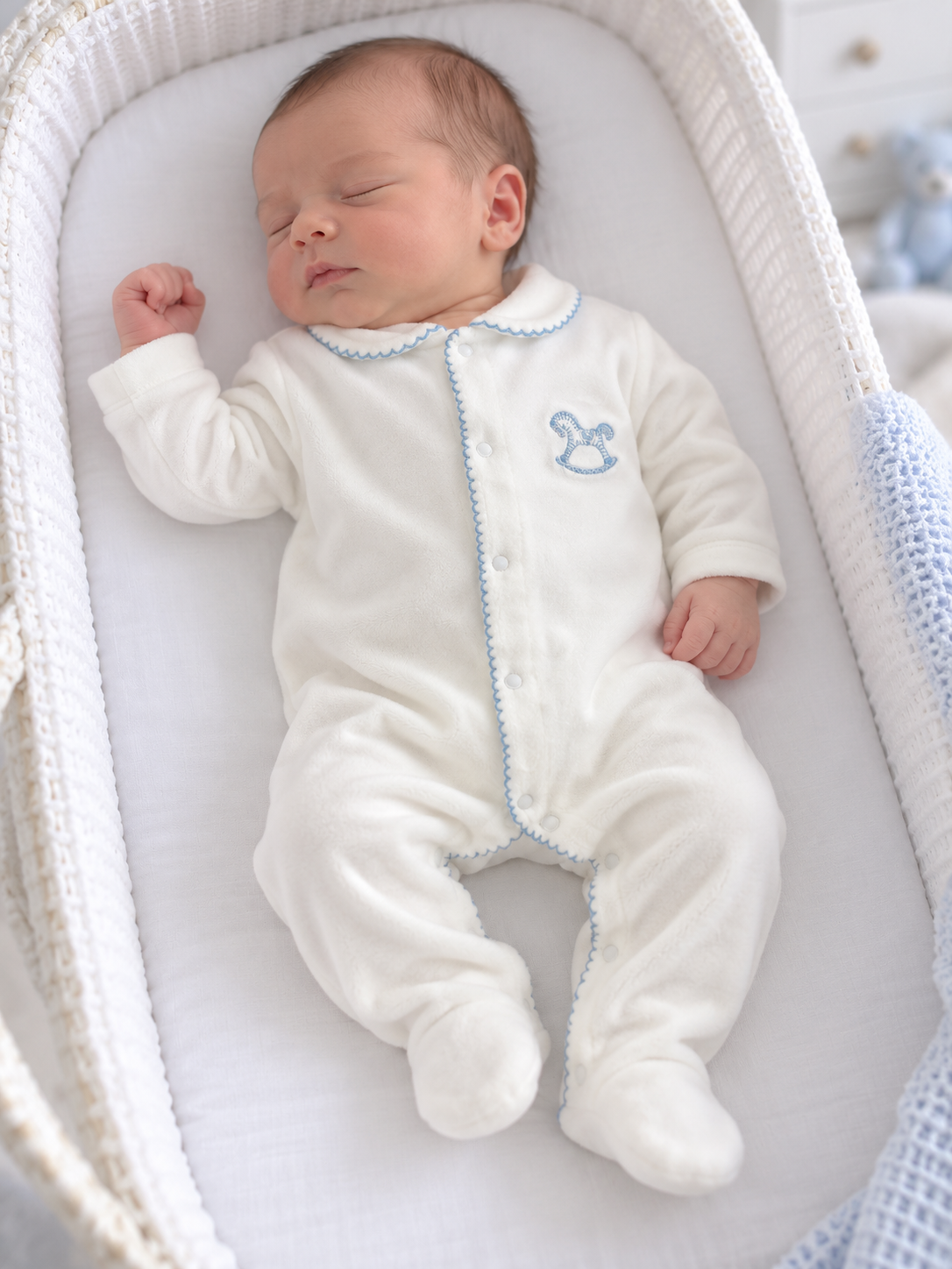 Rocking Horse Ivory/Blue Velour Peter Pan Collar Babygrow