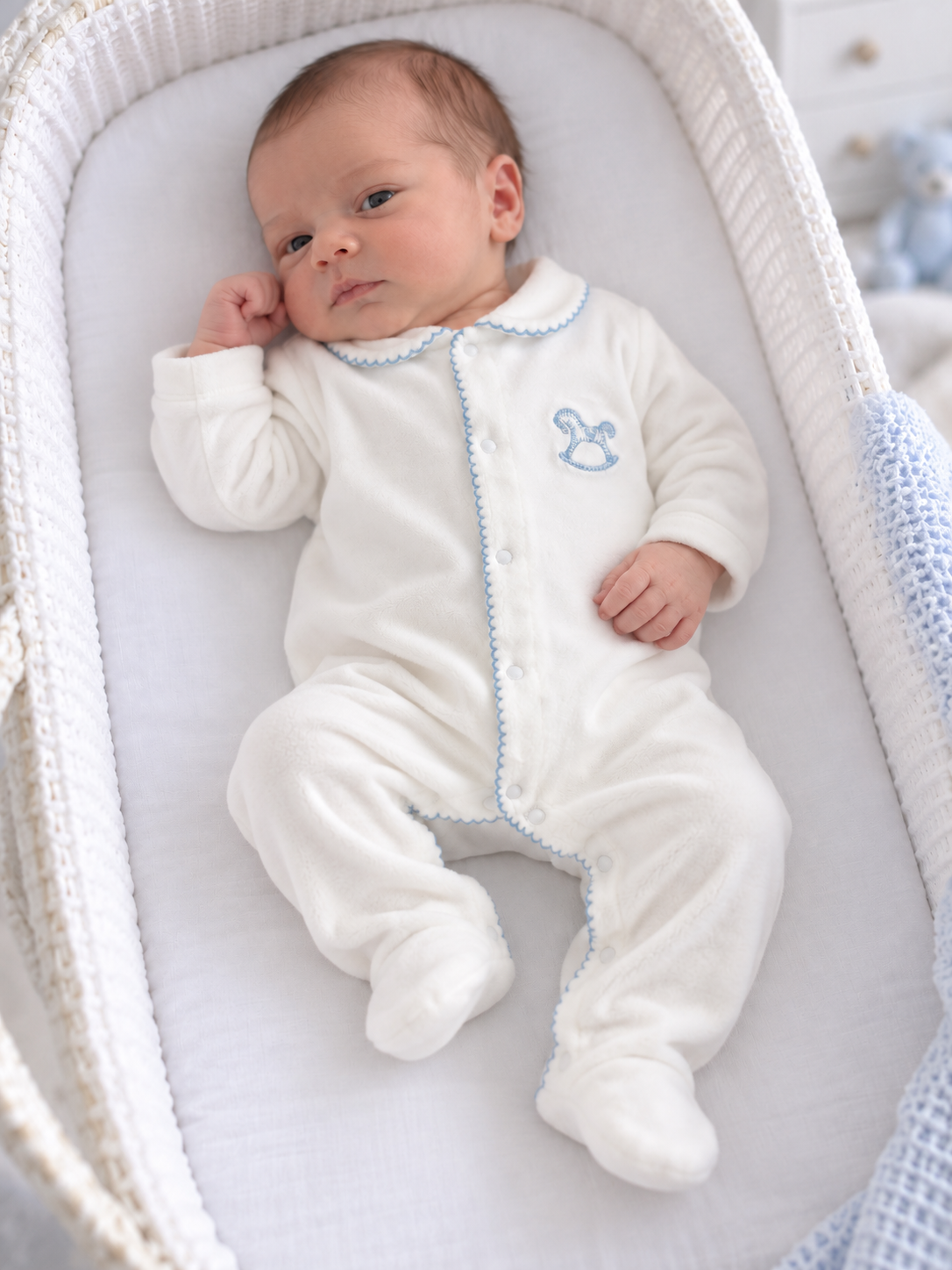 Rocking Horse Ivory/Blue Velour Peter Pan Collar Babygrow