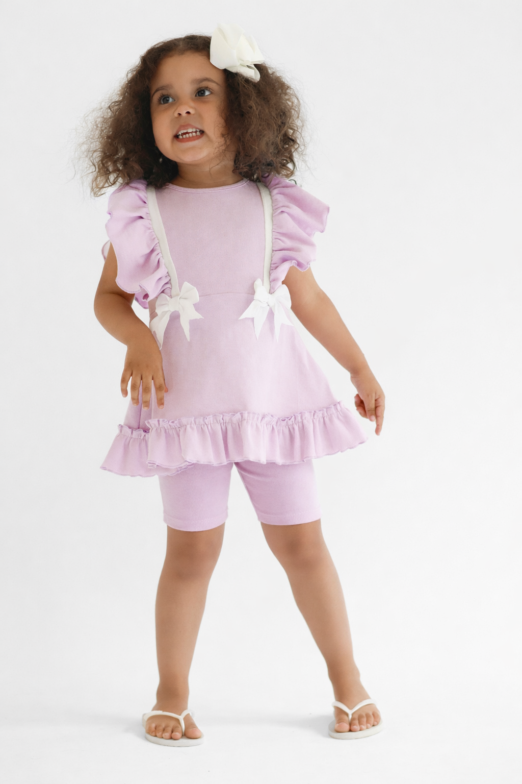 Mia Girls Ribbed Lilac Frilly Bow 3 Piece Short Set & Legging Set