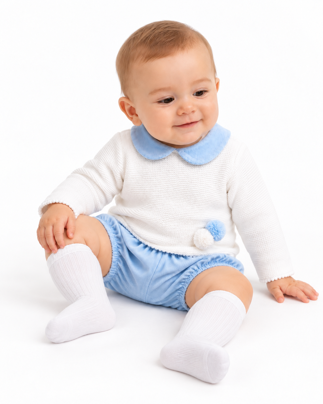 Baby Boys Knitted Pom Jam Pants & Jumper Set Cardigan Blue