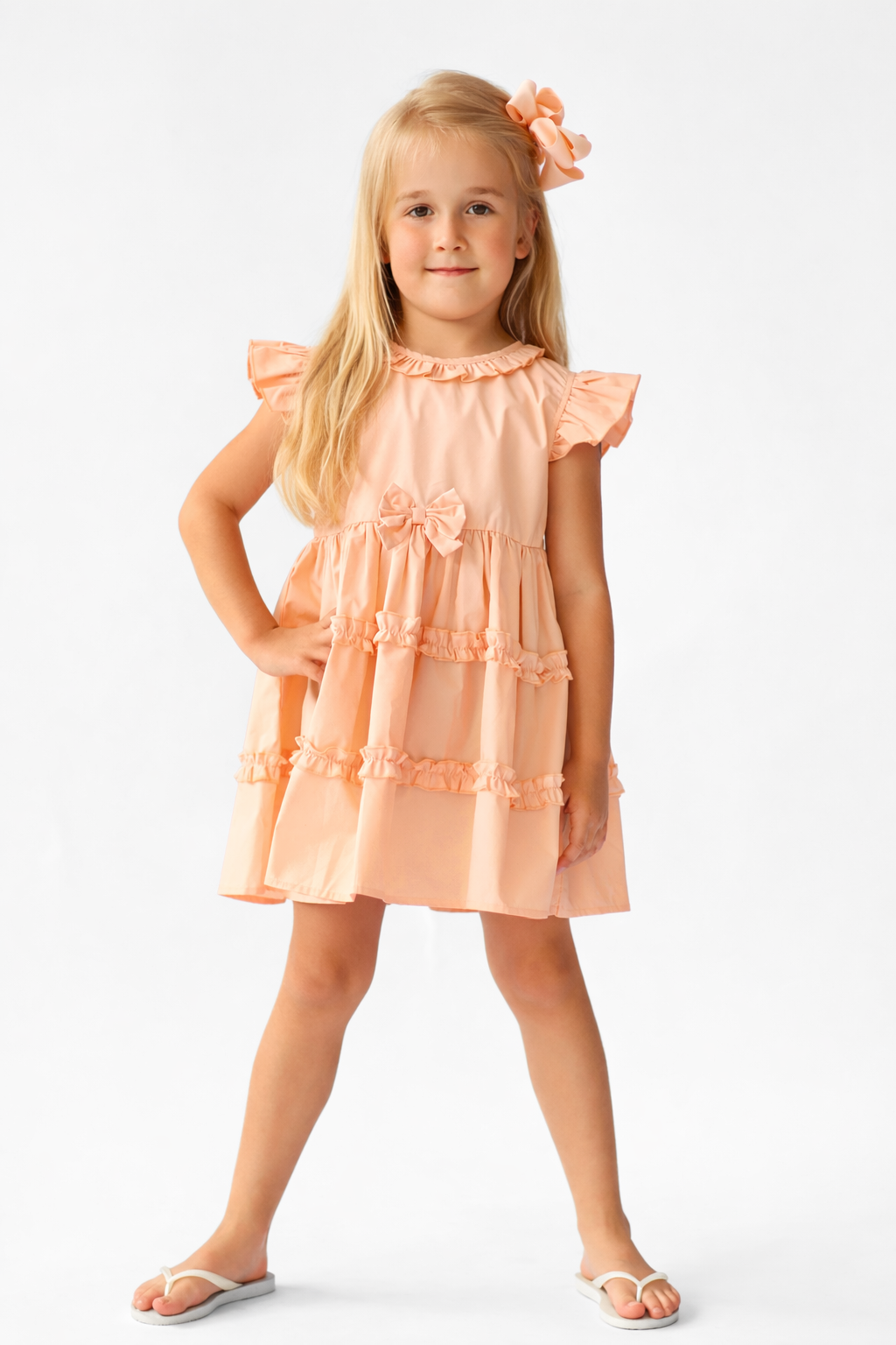 Hollie Girls Frilly Bow Dress Peach