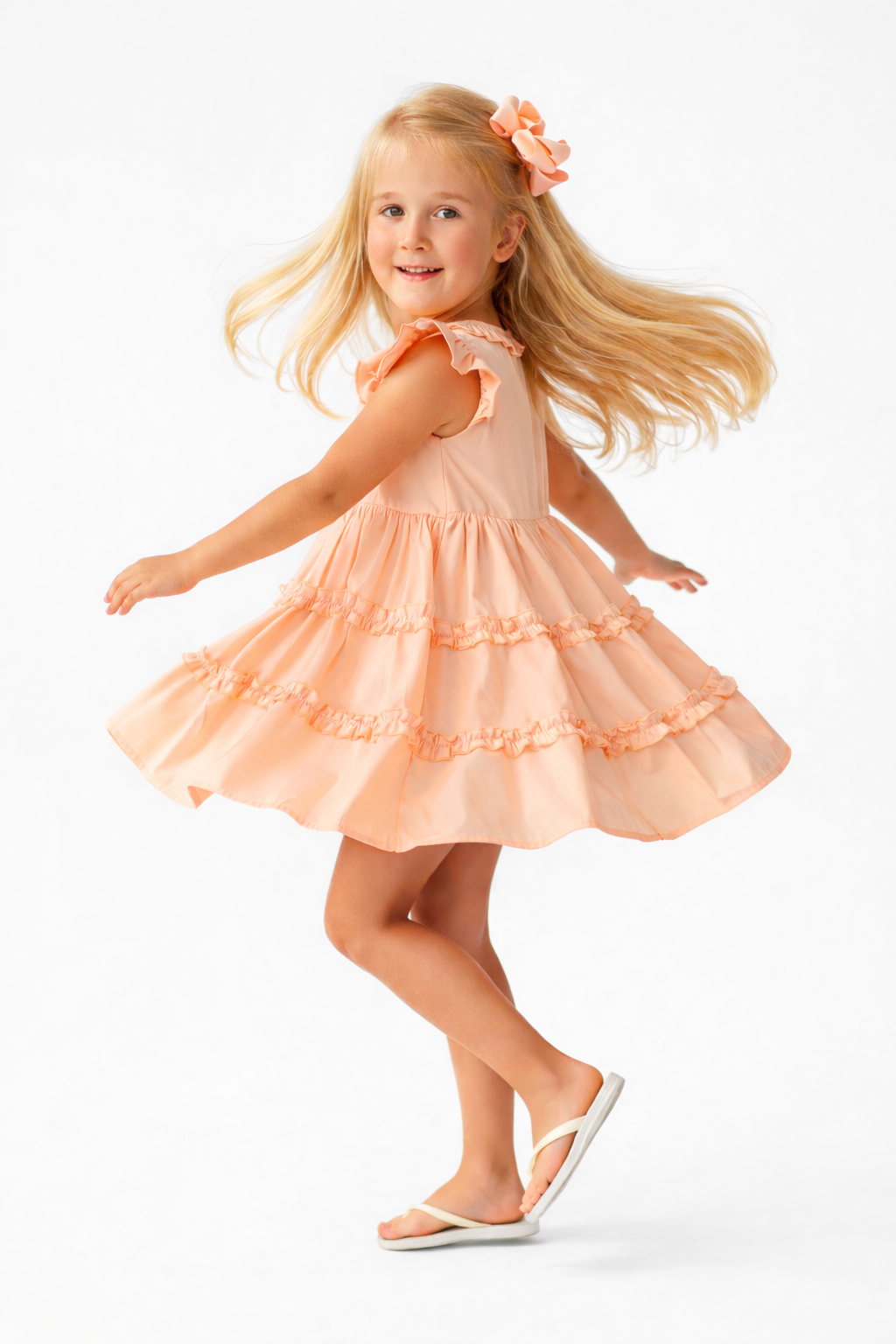 Hollie Girls Frilly Bow Dress Peach