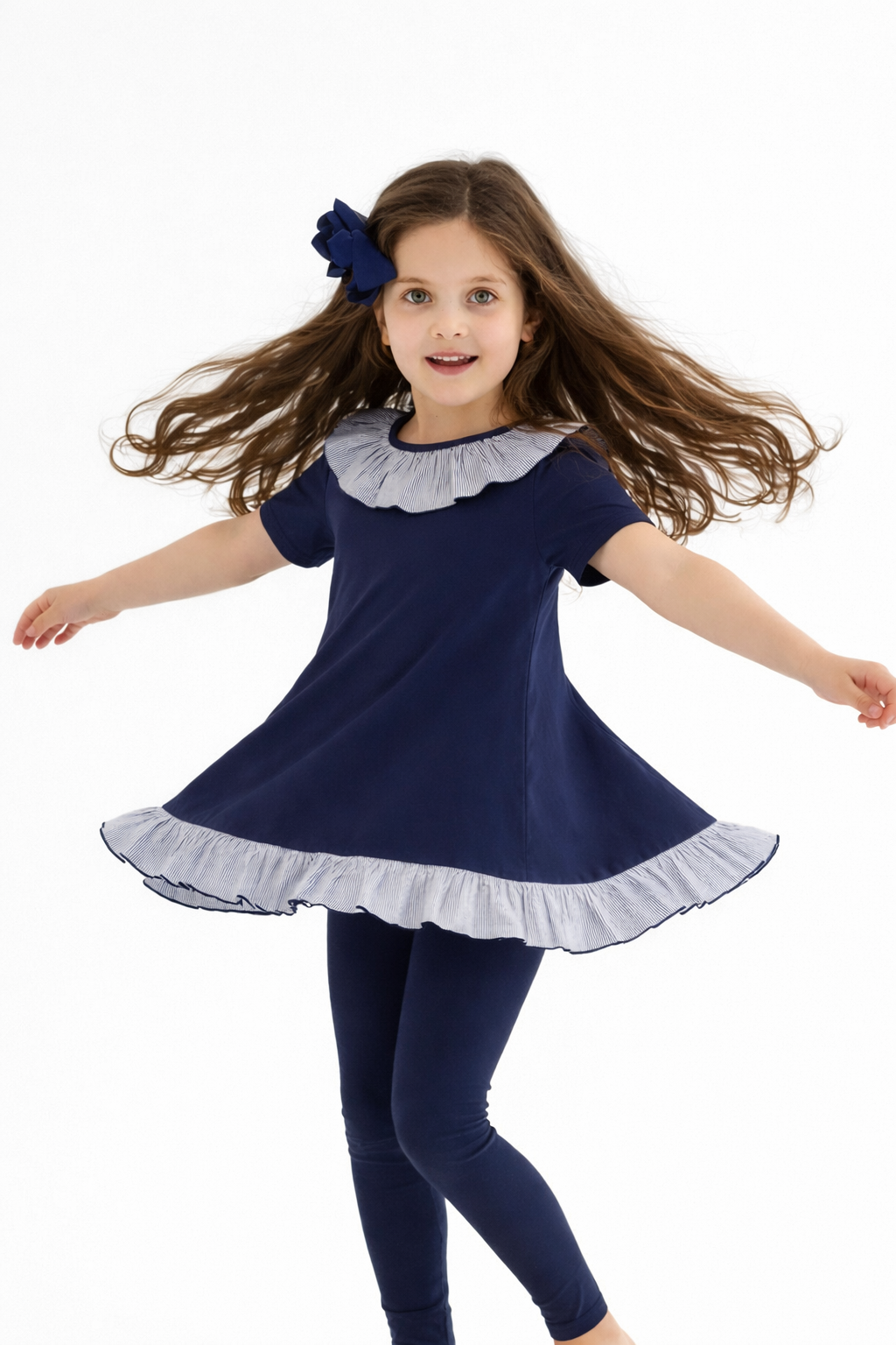 Montana 3 Piece Girls Frilly Top, Leggings & Cycling Shorts Set Navy