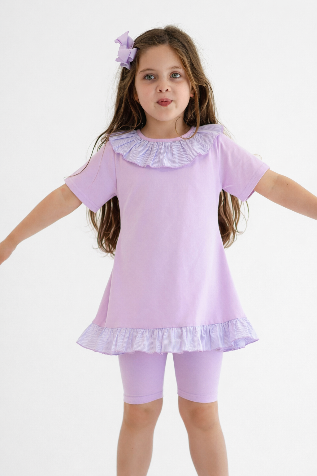 Montana 3 Piece Girls Frilly Top, Leggings & Cycling Shorts Set Lilac