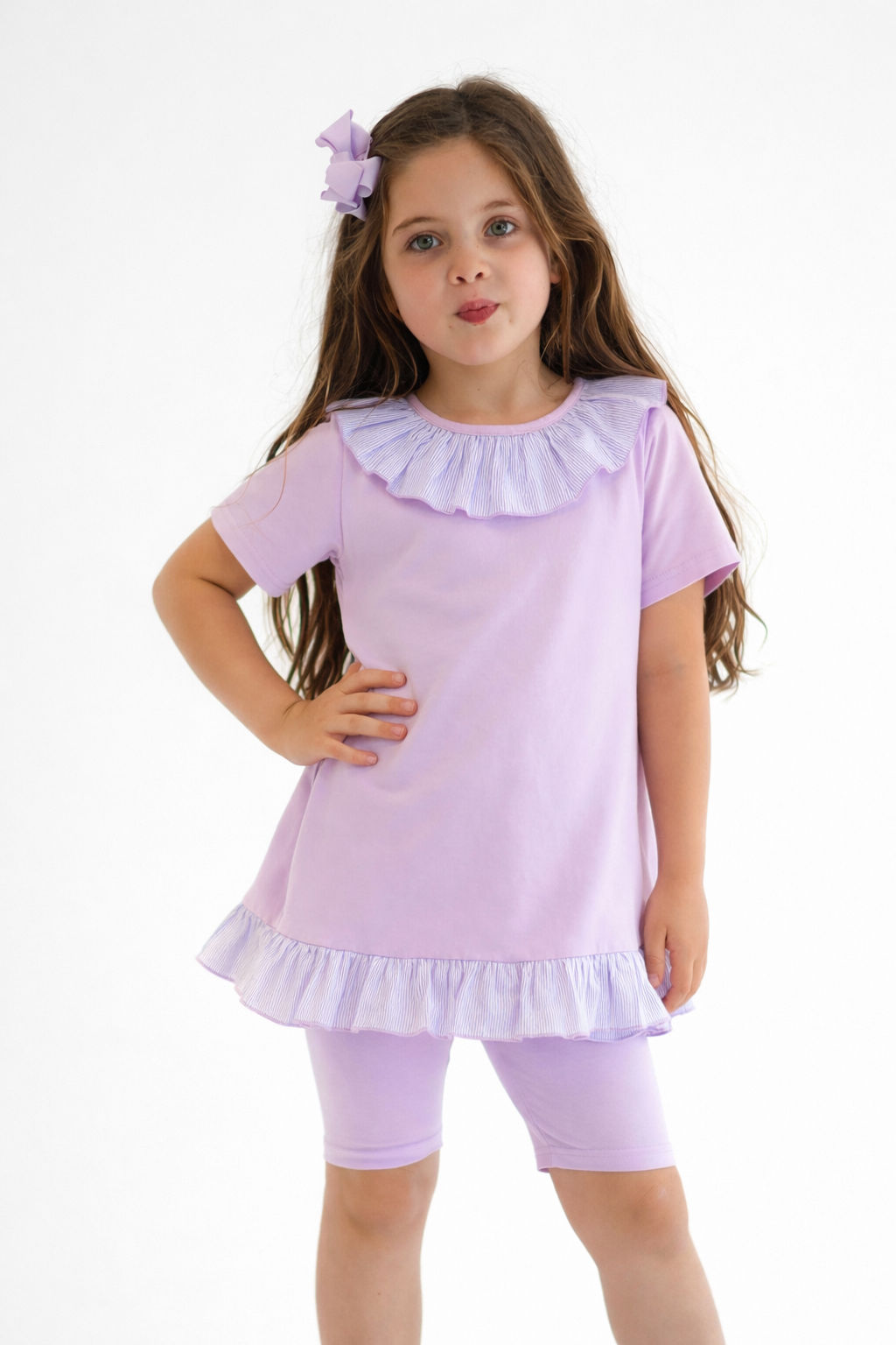Montana 3 Piece Girls Frilly Top, Leggings & Cycling Shorts Set Lilac