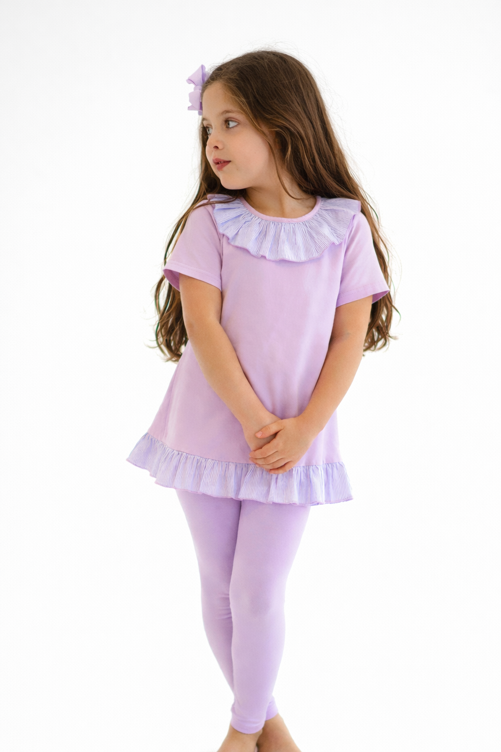 Montana 3 Piece Girls Frilly Top, Leggings & Cycling Shorts Set Lilac
