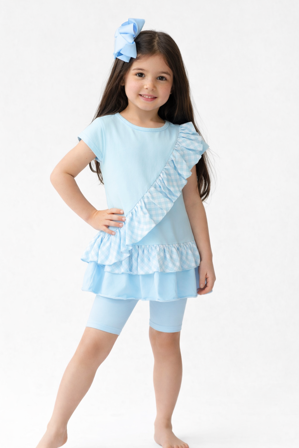 Amie 3 Piece Girls Gingham Top, Leggings & Cycling Shorts Set Blue