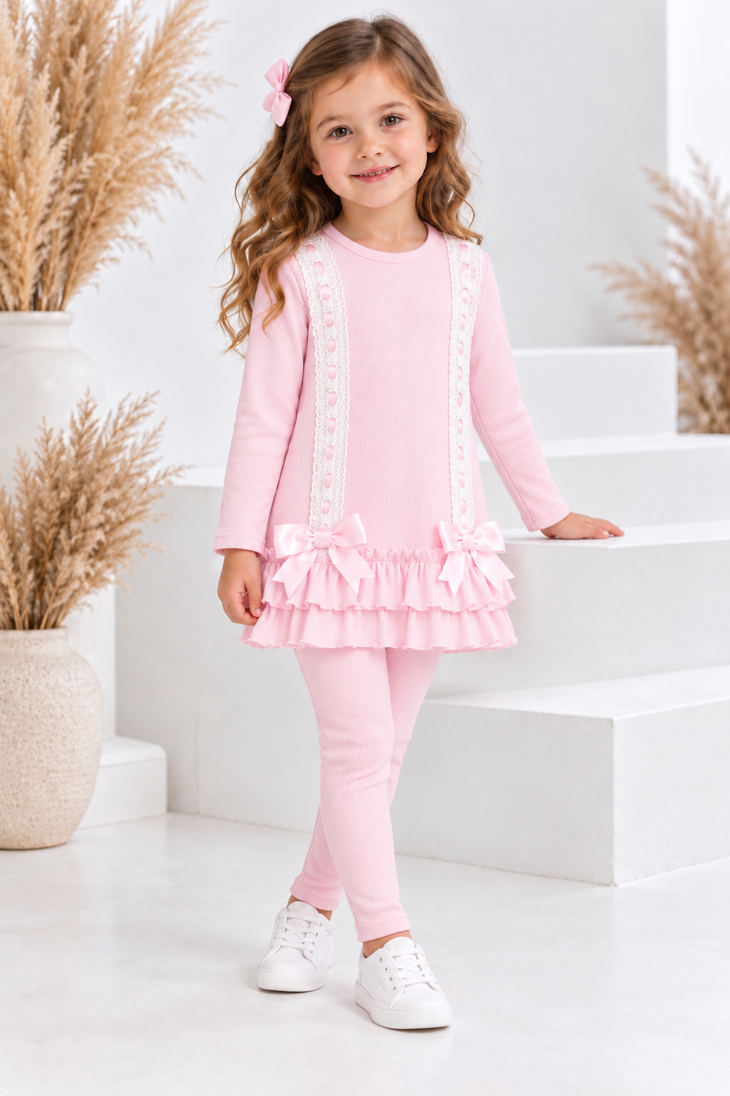 PRE ORDER Sophia Girls Ribbed Frilly Ruffle Set Pink