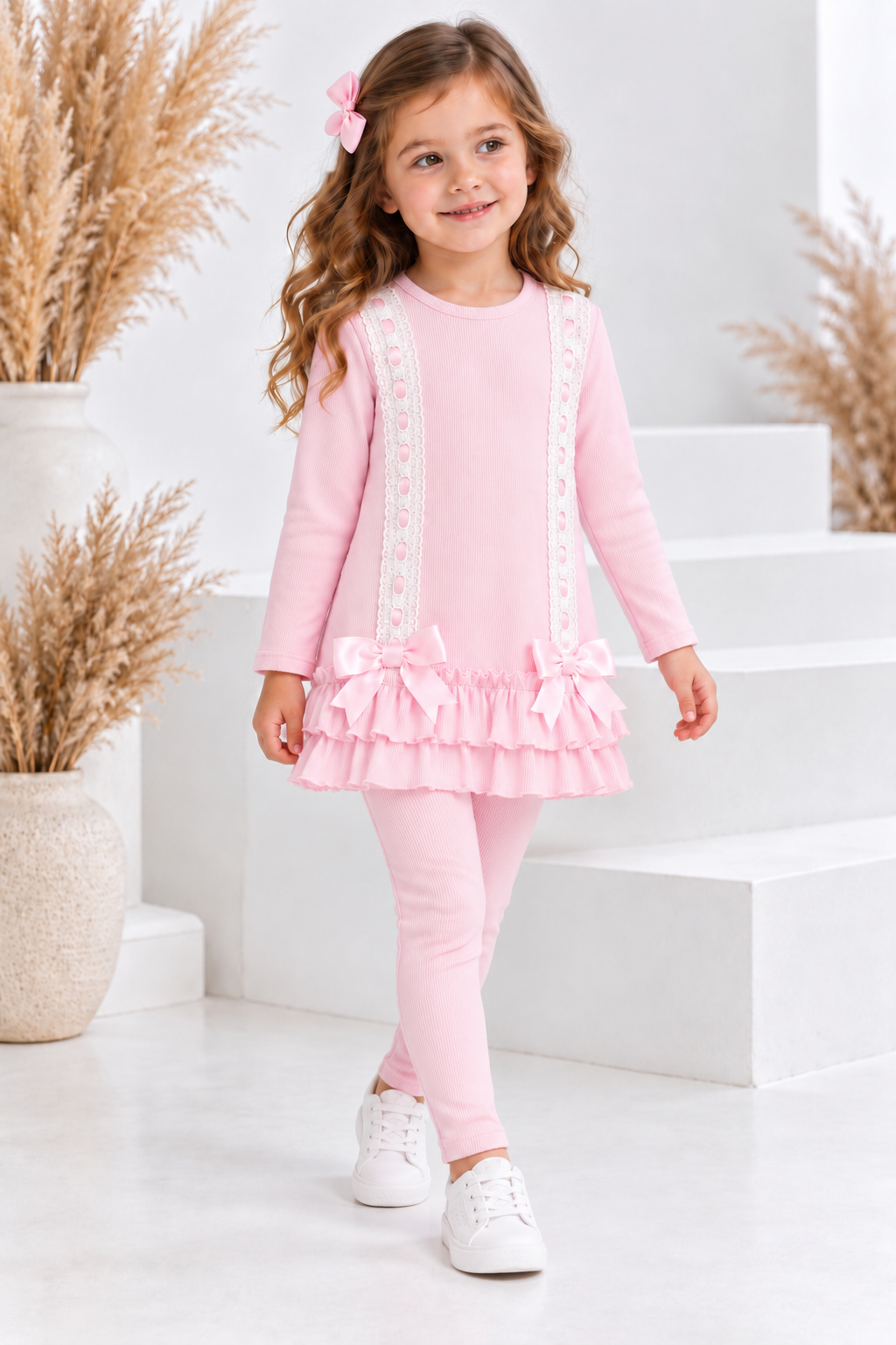 PRE ORDER Sophia Girls Ribbed Frilly Ruffle Set Pink