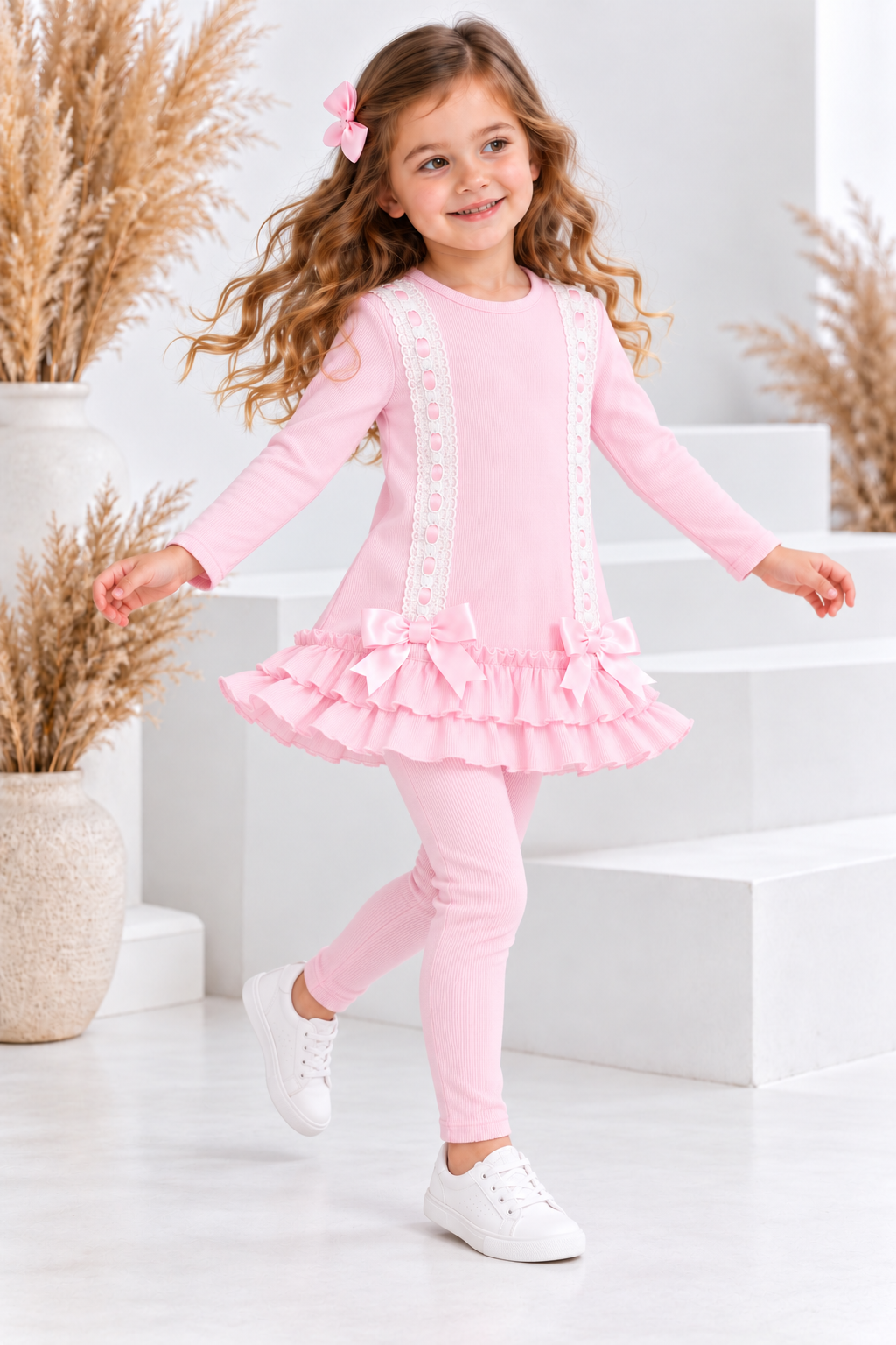 PRE ORDER Sophia Girls Ribbed Frilly Ruffle Set Pink