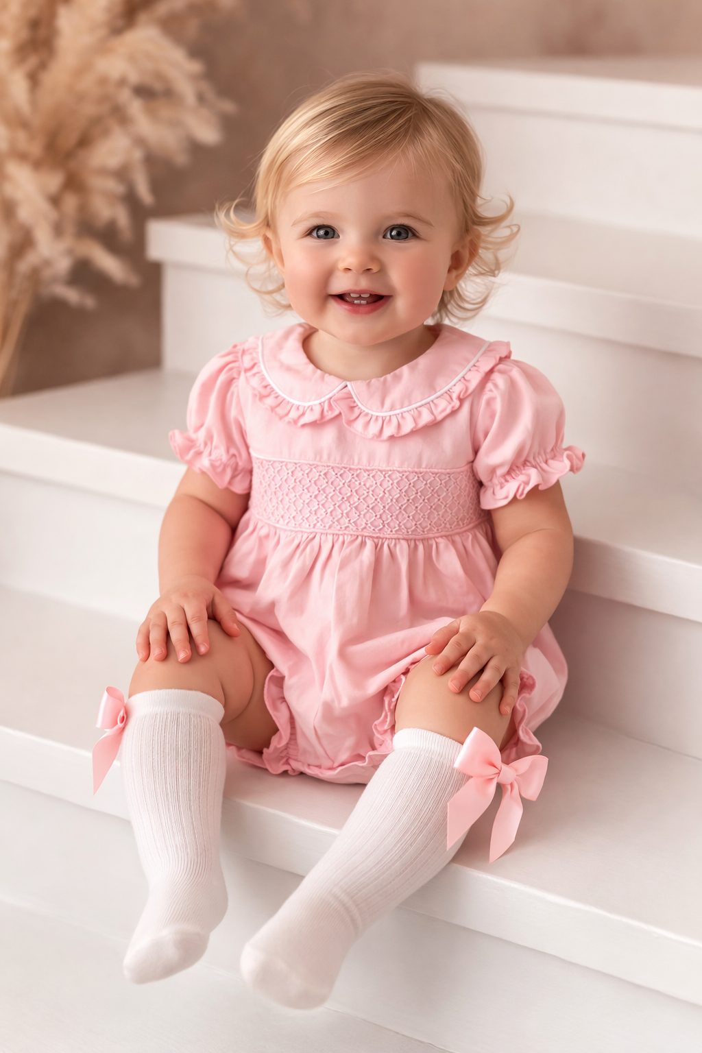 Baby Girls Back Bow Smocked Romper & Bow Socks Set Pink