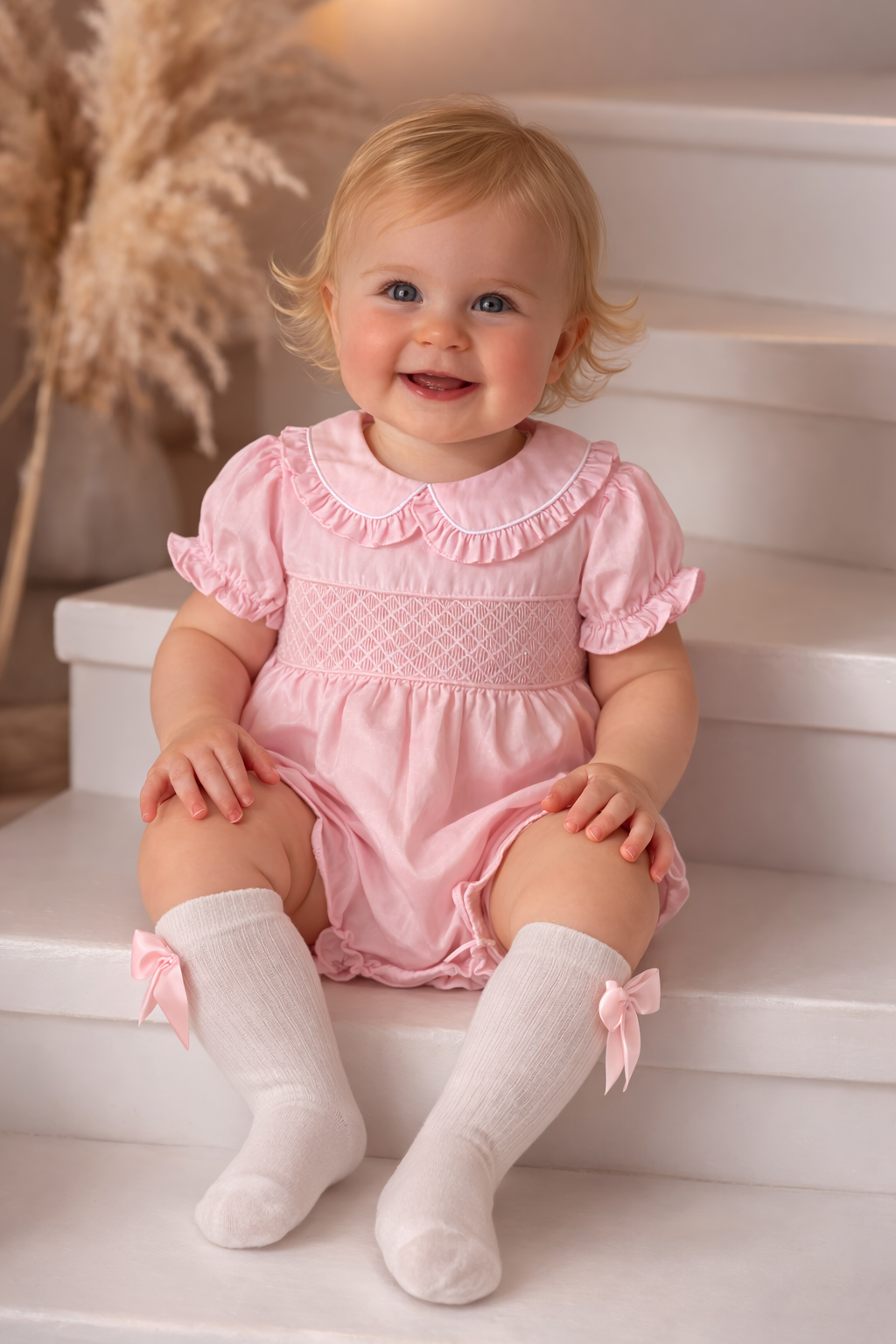 Baby Girls Back Bow Smocked Romper & Bow Socks Set Pink