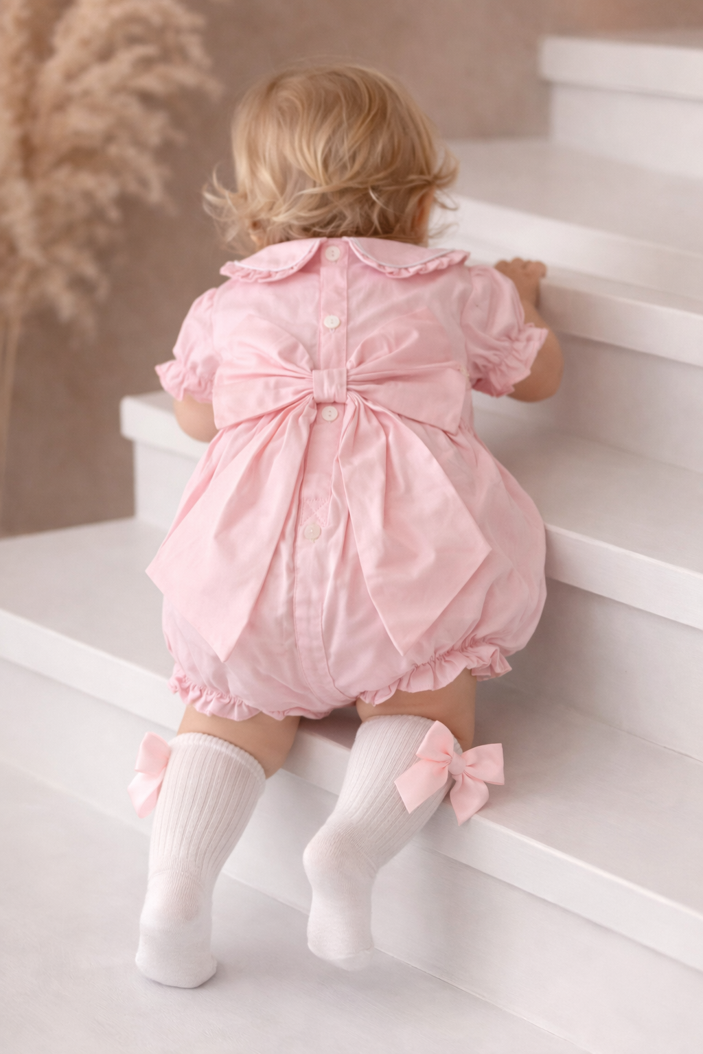Baby Girls Back Bow Smocked Romper & Bow Socks Set Pink