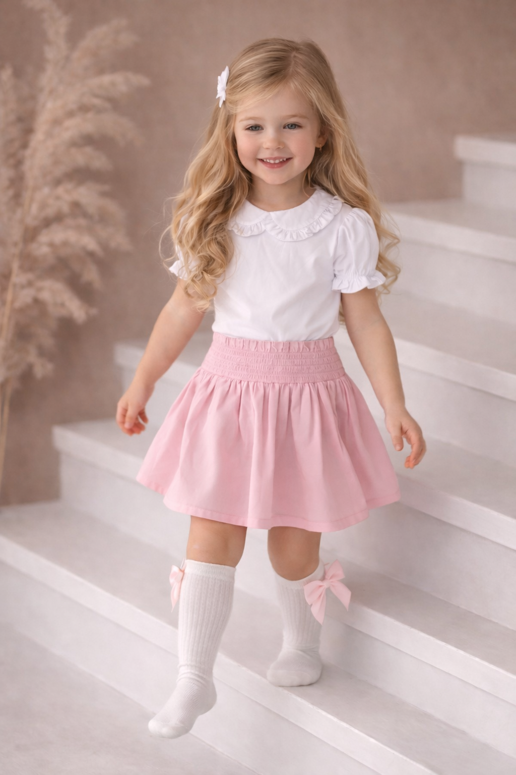 Girls Smocked Skirt, Socks & Frilly Blouse Set Pink