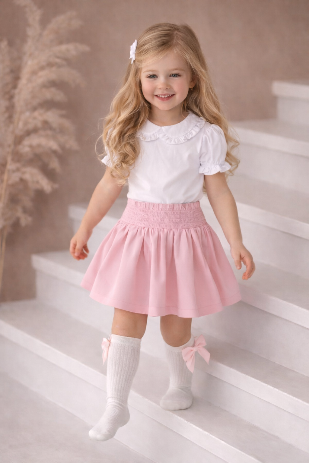 Girls Smocked Skirt, Socks & Frilly Blouse Set Pink