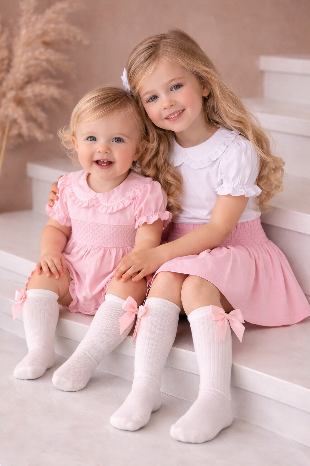 Girls Smocked Skirt, Socks & Frilly Blouse Set Pink