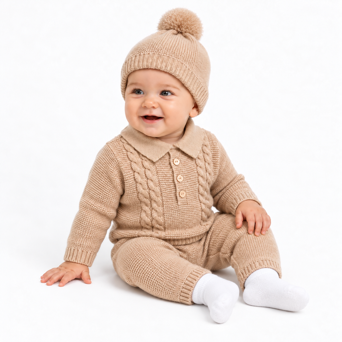 Baby Boys Beige Knitted Collar Tracksuit & Hat Set