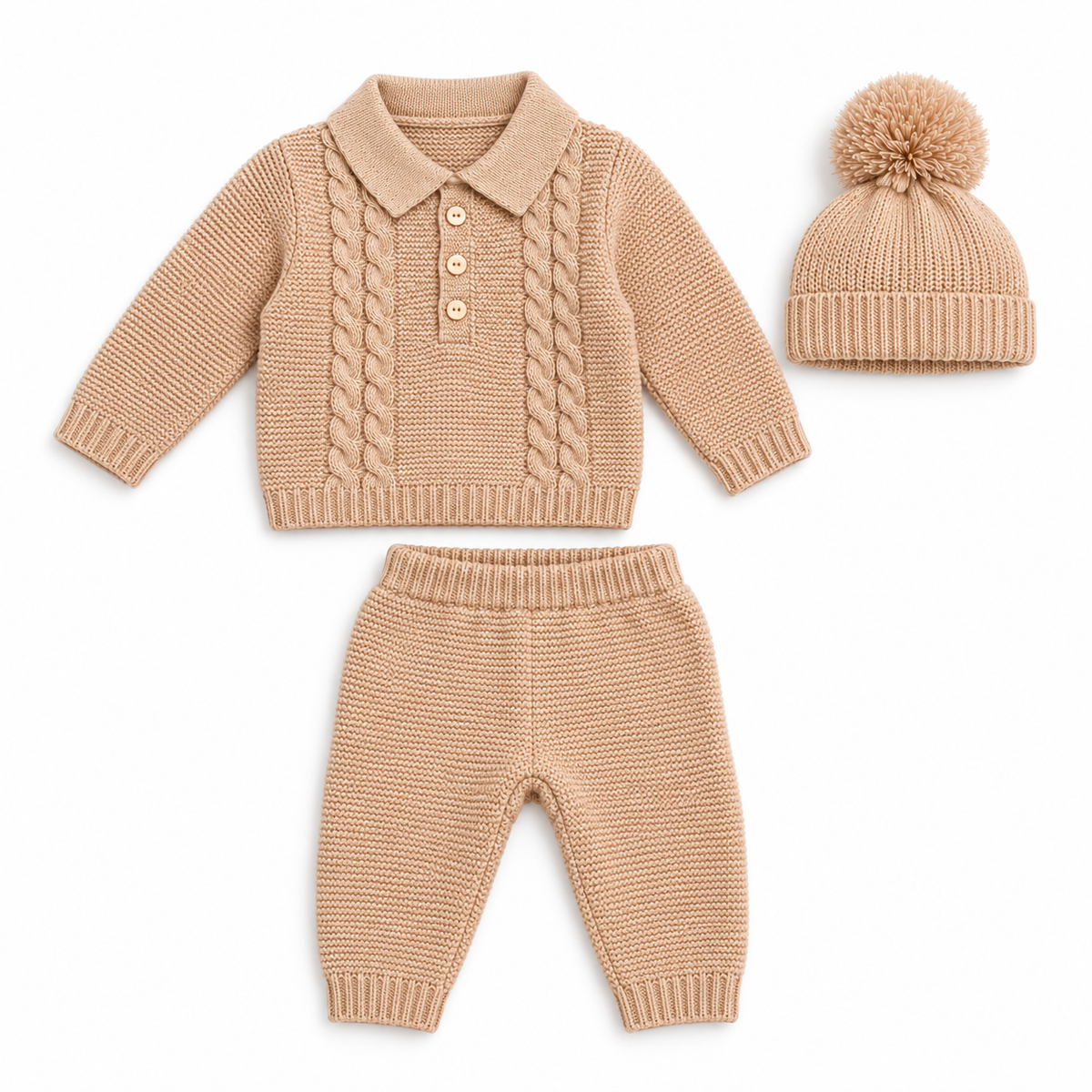 Baby Boys Beige Knitted Collar Tracksuit & Hat Set