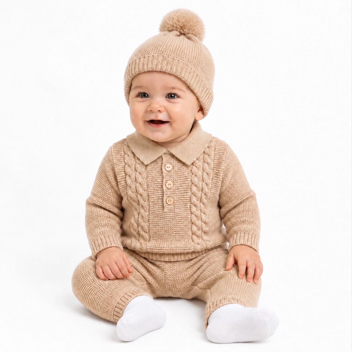 Baby Boys Beige Knitted Collar Tracksuit & Hat Set